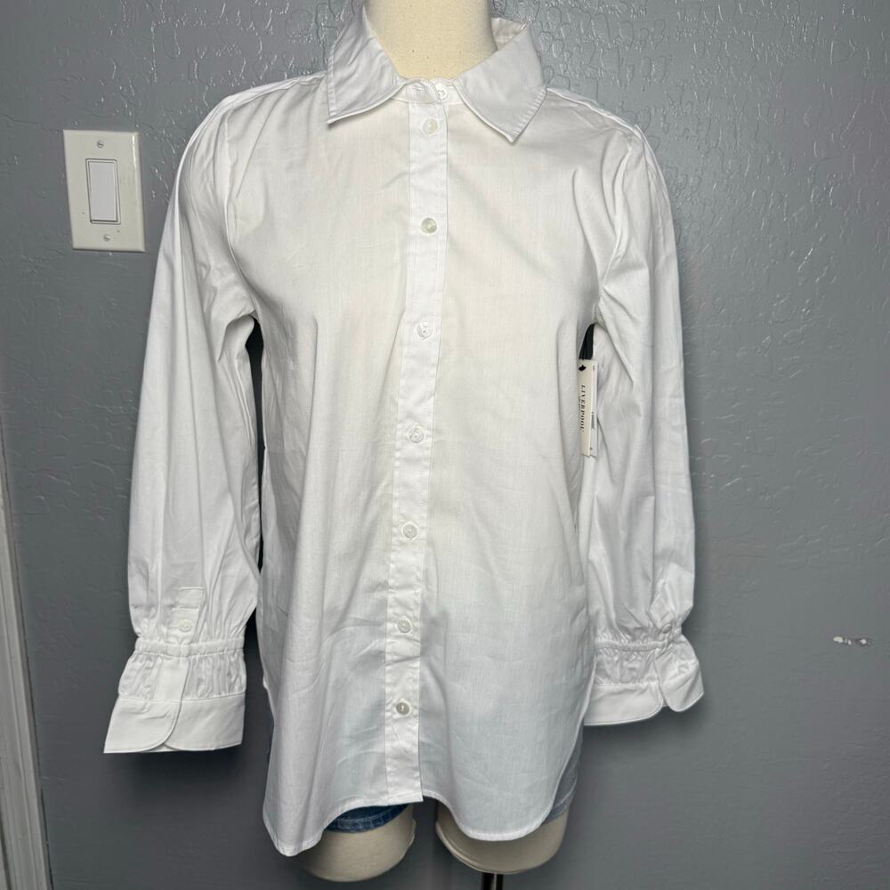 Liverpool Women's White Adjustable Sleeve Button Front Woven Top, S